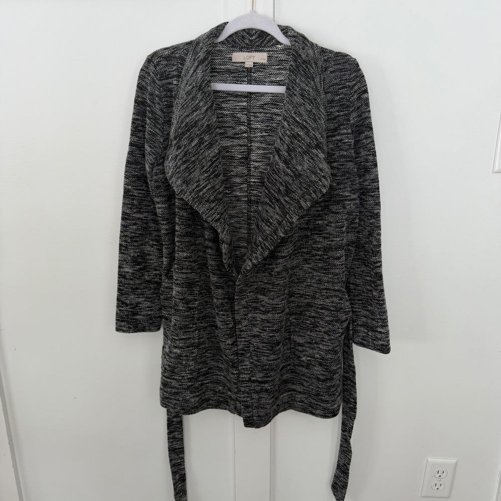 Loft Cardigan Sweater Jacket Black White Belt Long Line Shawl‎ Collar M Petite